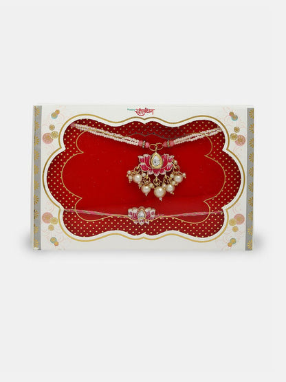 Anouk Unisex Set Of 2 Pink Lotus Shape Kundan-Studded & Beaded Wraparound Rakhi Set