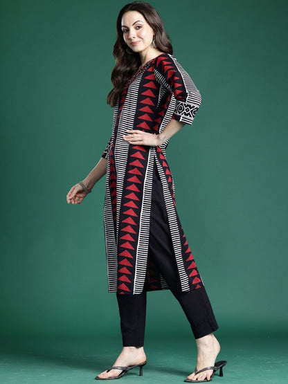 Geometric Printed Straight Pure Cotton Kurta With Trouser And Dupatta