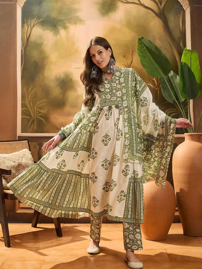 Indyancart SN Women's Women's Pista Green Block Printed Cotton Anarkali Kurta Pant Dupatta Set
