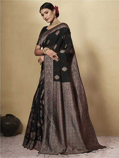 Indyancart GR Women's GJ Black Berry Grease Black Zari Woven Design Cotton Blend Saree