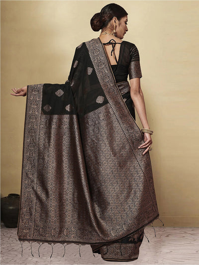 Indyancart GR Women's GJ Black Berry Grease Black Zari Woven Design Cotton Blend Saree