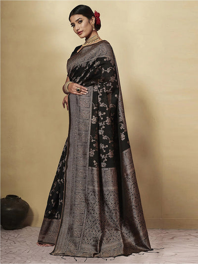 Indyancart GR Women's GJ Black Berry Soot Black Zari Woven Design Cotton Blend Saree