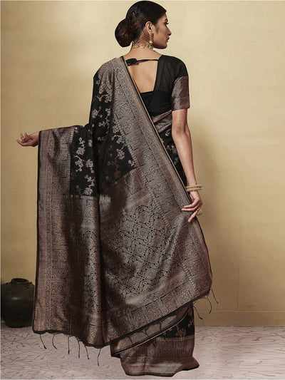 Indyancart GR Women's GJ Black Berry Soot Black Zari Woven Design Cotton Blend Saree