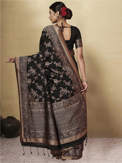 Indyancart GR Women's GJ Black Berry Coal Black Zari Woven Design Cotton Blend Saree
