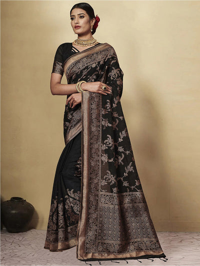 Indyancart GR Women's GJ Black Berry Coal Black Zari Woven Design Cotton Blend Saree