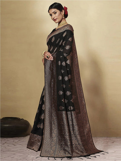 Indyancart GR Women's GJ Black Berry Metal Black Zari Woven Design Cotton Blend Saree