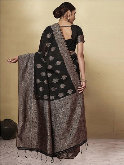 Indyancart GR Women's GJ Black Berry Metal Black Zari Woven Design Cotton Blend Saree