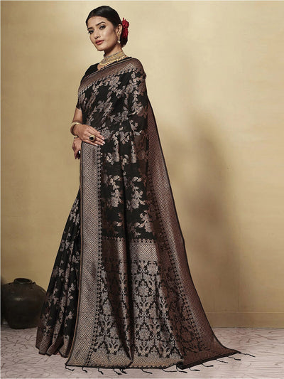 Indyancart GR Women's Black Berry Rich Black Zari Woven Design Cotton Blend Saree