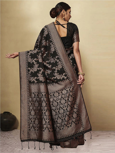 Indyancart GR Women's Black Berry Rich Black Zari Woven Design Cotton Blend Saree