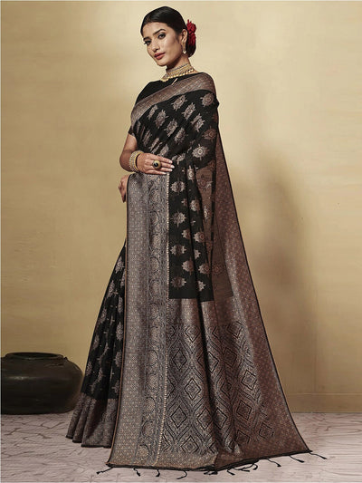 Indyancart GR Women's GJ Black Berry Pebble Black Zari Woven Design Cotton Blend Saree