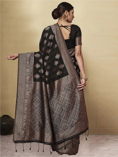 Indyancart GR Women's GJ Black Berry Pebble Black Zari Woven Design Cotton Blend Saree