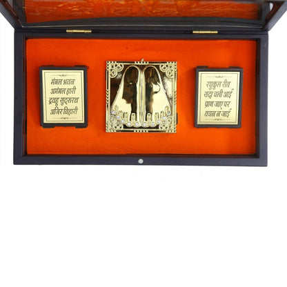 Gold-polished Anciently Ram Darbar pocket temple box with god idols and Charan Paduka in a rectangular shape.