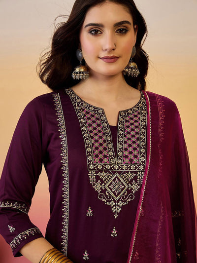 Indyancart SN Women's Floral Zari Embroidered Notch Neck Straight Kurta With Trousers & Dupatta