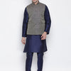 Men's Dark Blue Silk Blend Straight Jacket  Kurta and Pyjama Set