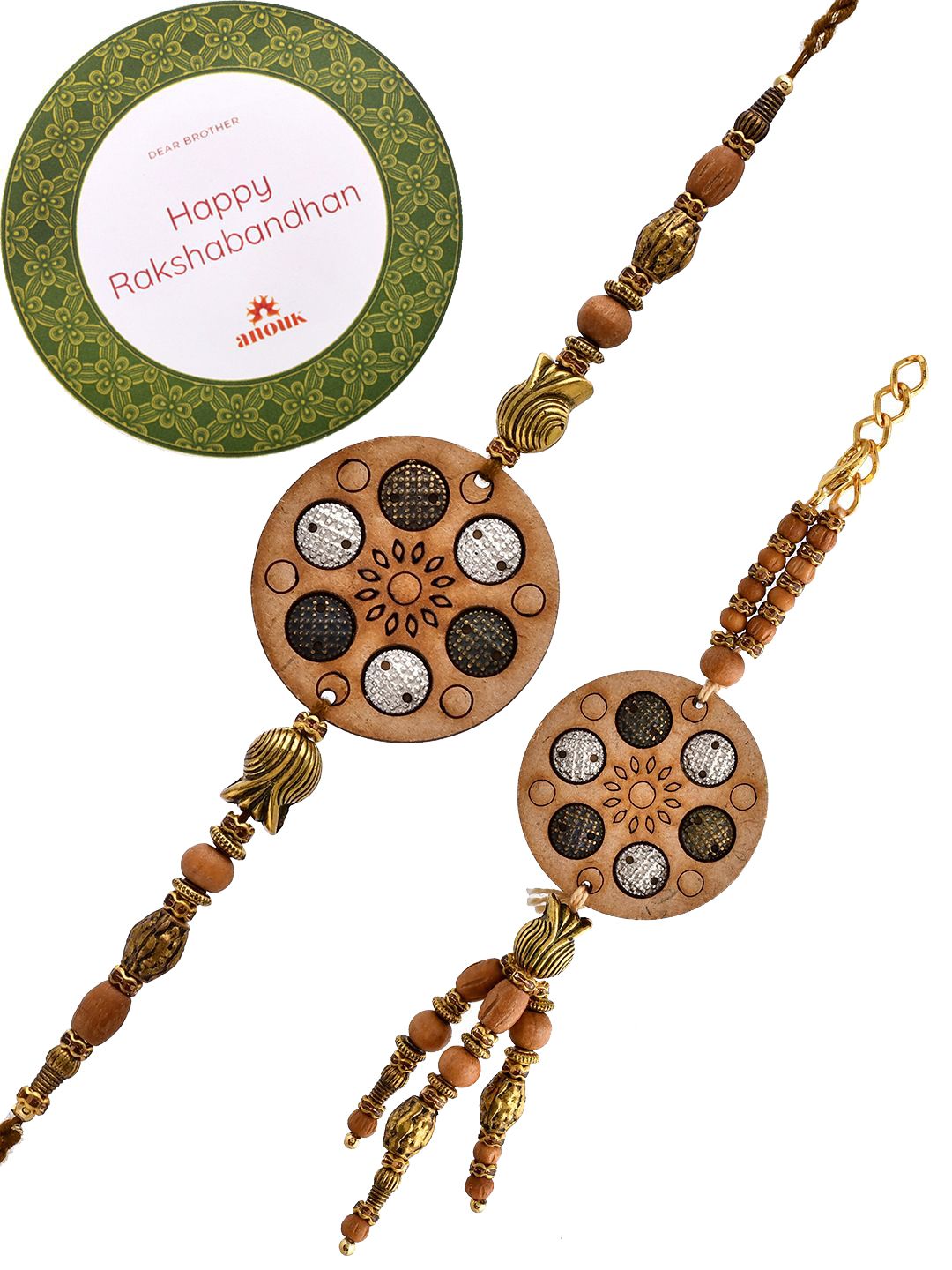Anouk Set Of 2 Brown Beaded Rakhis With Roli Chawal & Greeting Card