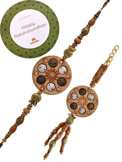 Indyancart Set Of 2 Brown Beaded Rakhis With Roli Chawal & Greeting Card