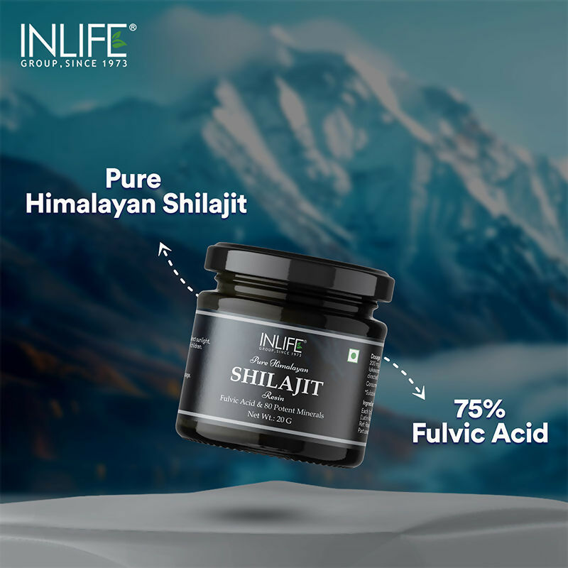 Inlife Sj Resin Himalayan and natural Sj for immunity support, featuring resin chunks in a clear container.