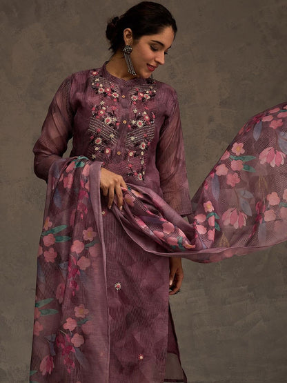 Floral Embroidered Thread Work Chanderi Cotton Kurta with Trousers & Dupatta