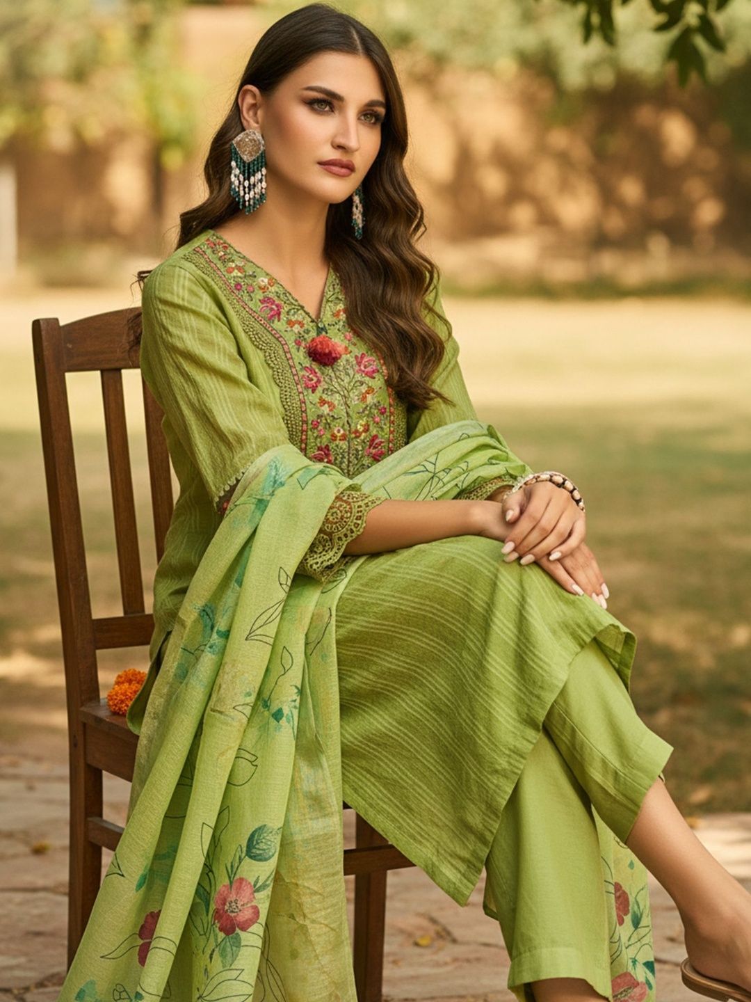 Ethnic Motifs Embroidered Thread Work Linen Kurta With Trousers & Dupatta