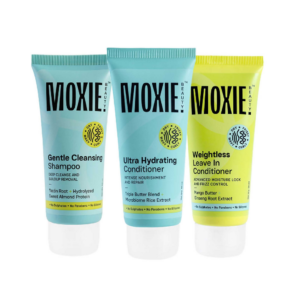 Moxie Beauty Wavy Essentials travel trio of conditioners in small bottles, ideal for maintaining wavy hair on the go.