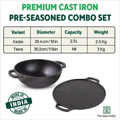 The Indus Valley CASTrong Cast Iron Cookware Set: Tawa+ Kadai, Kitchen Set for Home, Pre-seasoned, 100% Pure, Toxin-free, Induction, Tadka Pan
