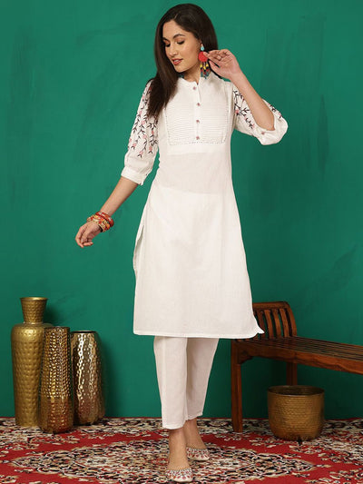 Indyancart SN Women's Embroidered Mandarin Collar Cotton Kurta With Trouser