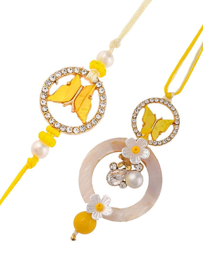 Anouk Yellow Beaded Bhaiya Bhabhi Rakhi With Roli Chawal & Greeting Card
