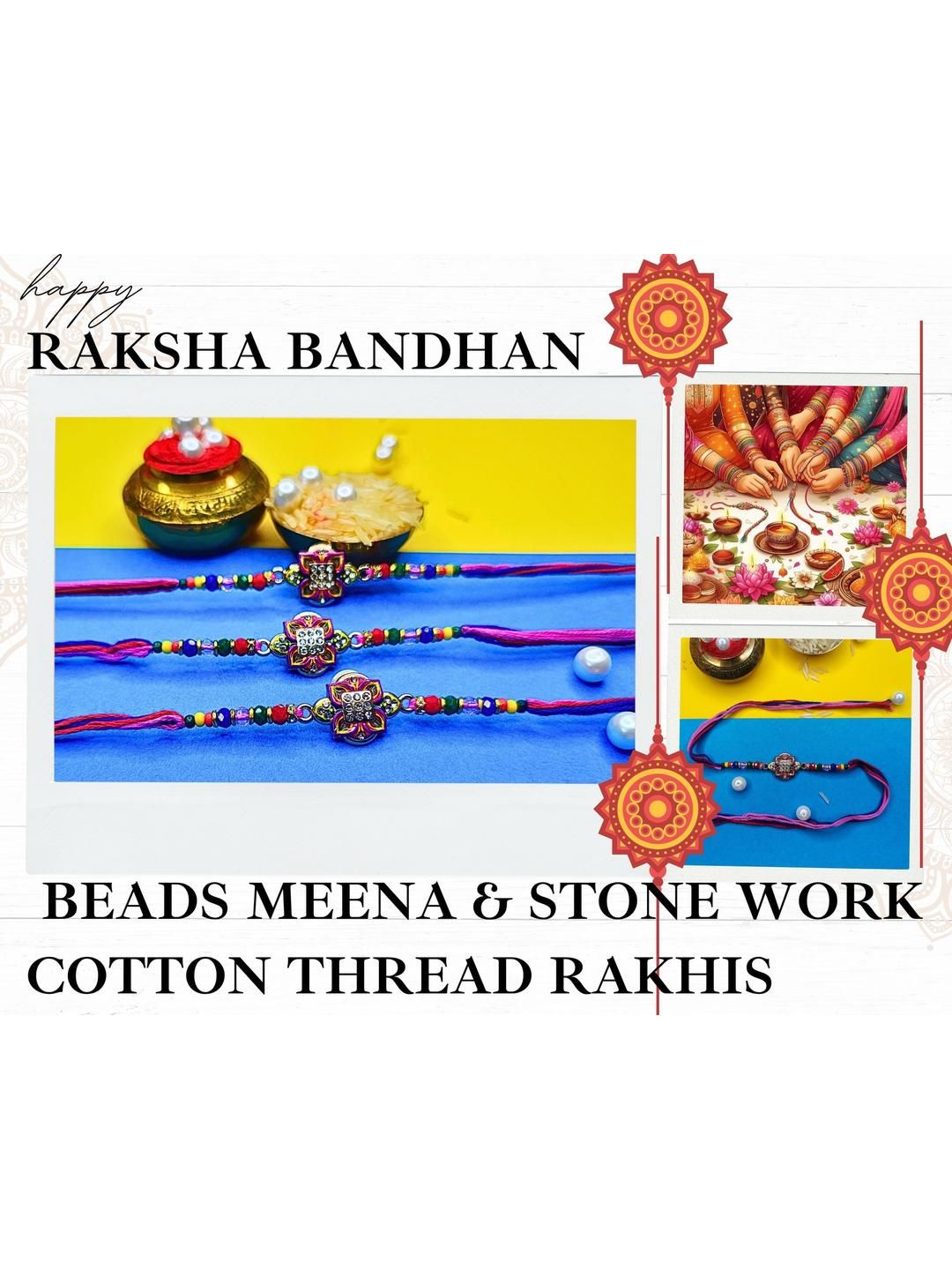 Anouk Set Of 3 Beaded Cotton Thread with AD Stones & Meenakari Designer Rakhi for Brother
