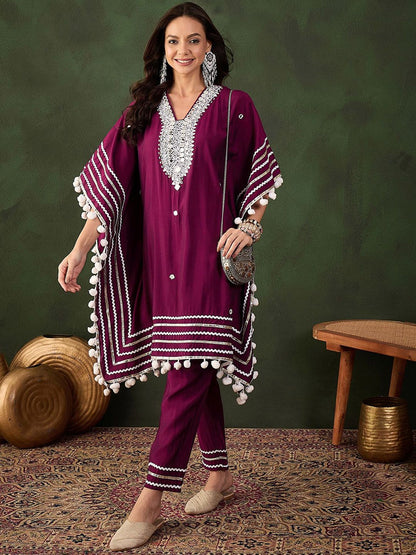 Indyancart SN Women's Purple Geometric Embroidered Mirror Work Roman Silk Kurta With Trouser