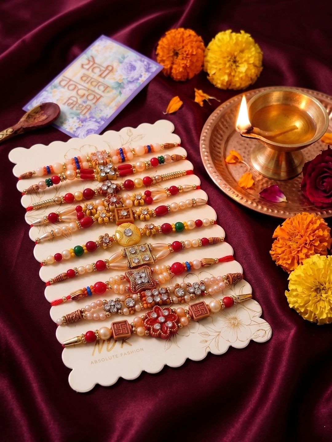 Anouk Set Of 10 Multicolor Designer Thread Rakhi With Roli Chawal Chandan Mishri