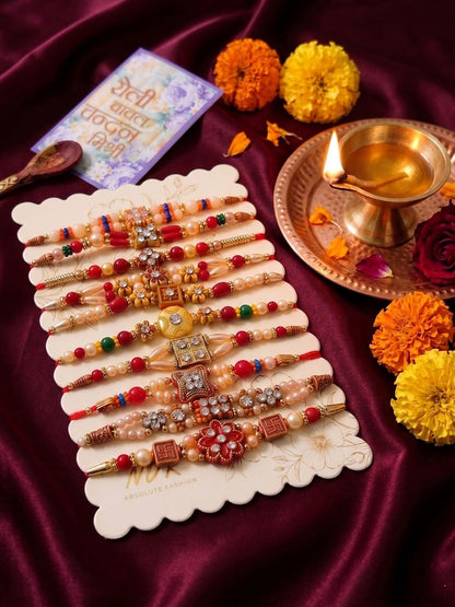 Anouk Set Of 10 Multicolor Designer Thread Rakhi With Roli Chawal Chandan Mishri