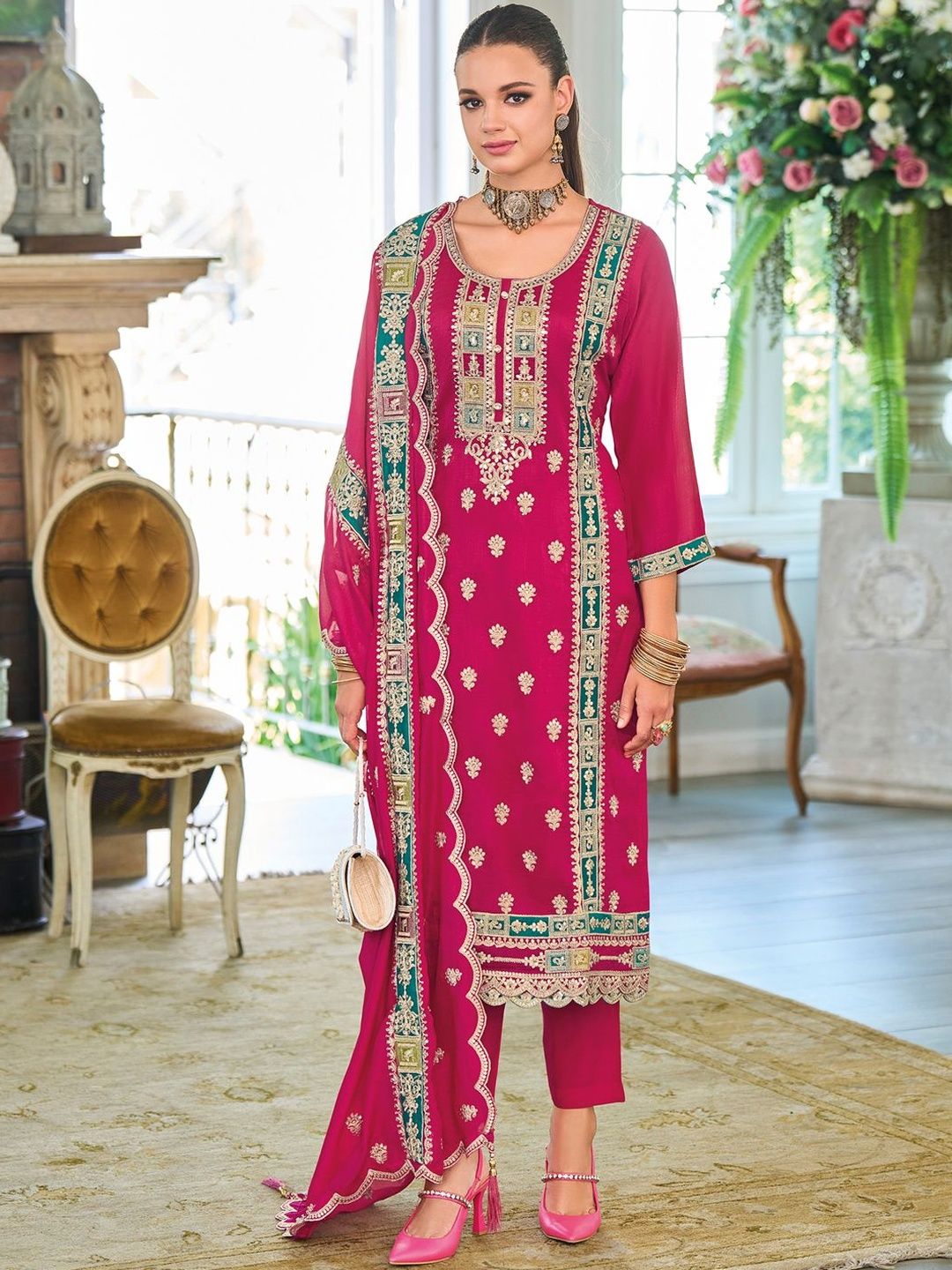 Women Ethnic Motifs Embroidered Kurta with Trousers & Dupatta