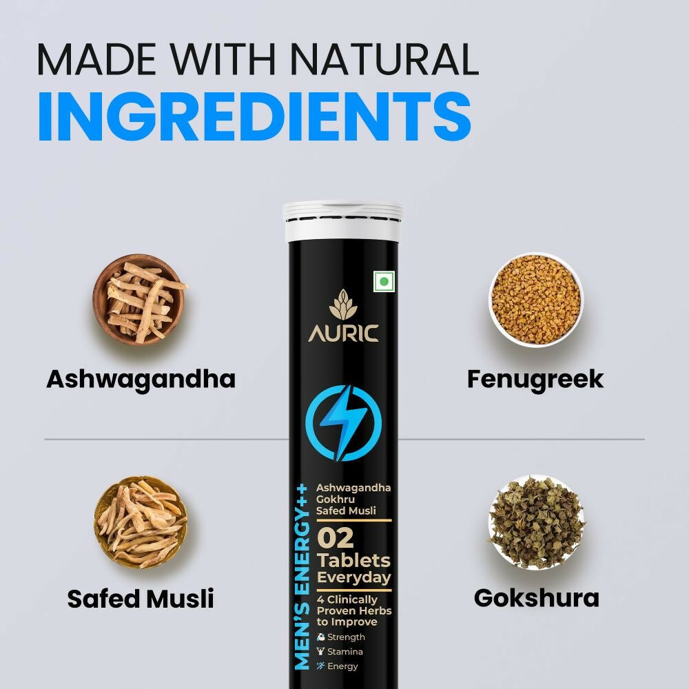 Auric Men's Energy++ Ayurvedic effervescent tablets in a glass of water, showcasing the supplement's vibrant appearance and packaging.