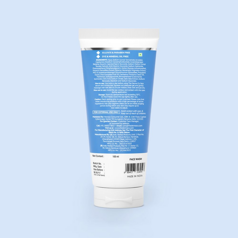 The Derma Co 2% Salicylic Acid Gel Face Wash, showing a clear gel face wash in a tube with branding and product label.