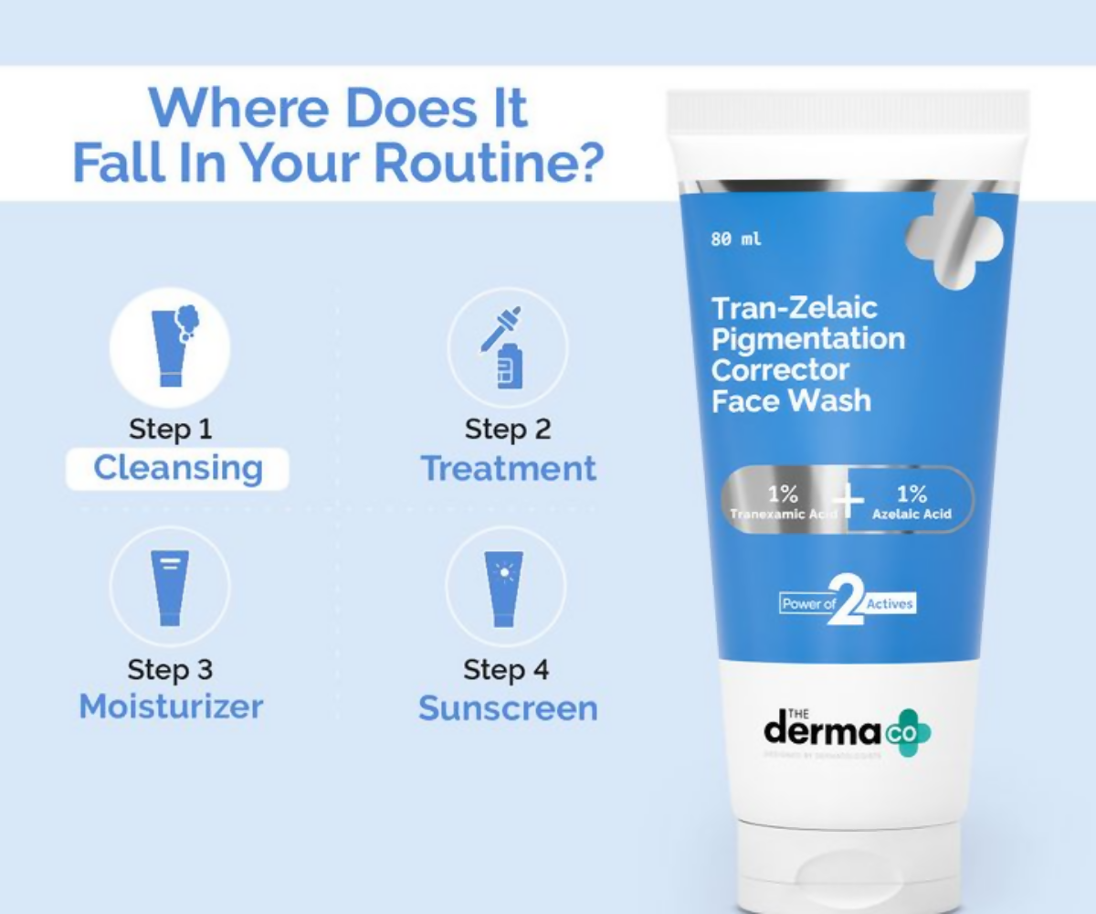 The Derma Co Tran-Zelaic Pigmentation Corrector Face Wash in a white tube with blue accents, designed for skincare and pigmentation correction.
