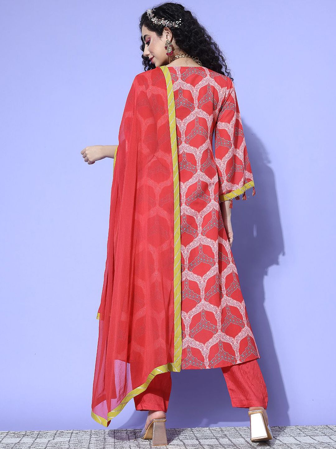 Indyancart VA Women's Ethnic Motifs Printed Empire Gotta Patti Kurta with Trousers & With Dupatta