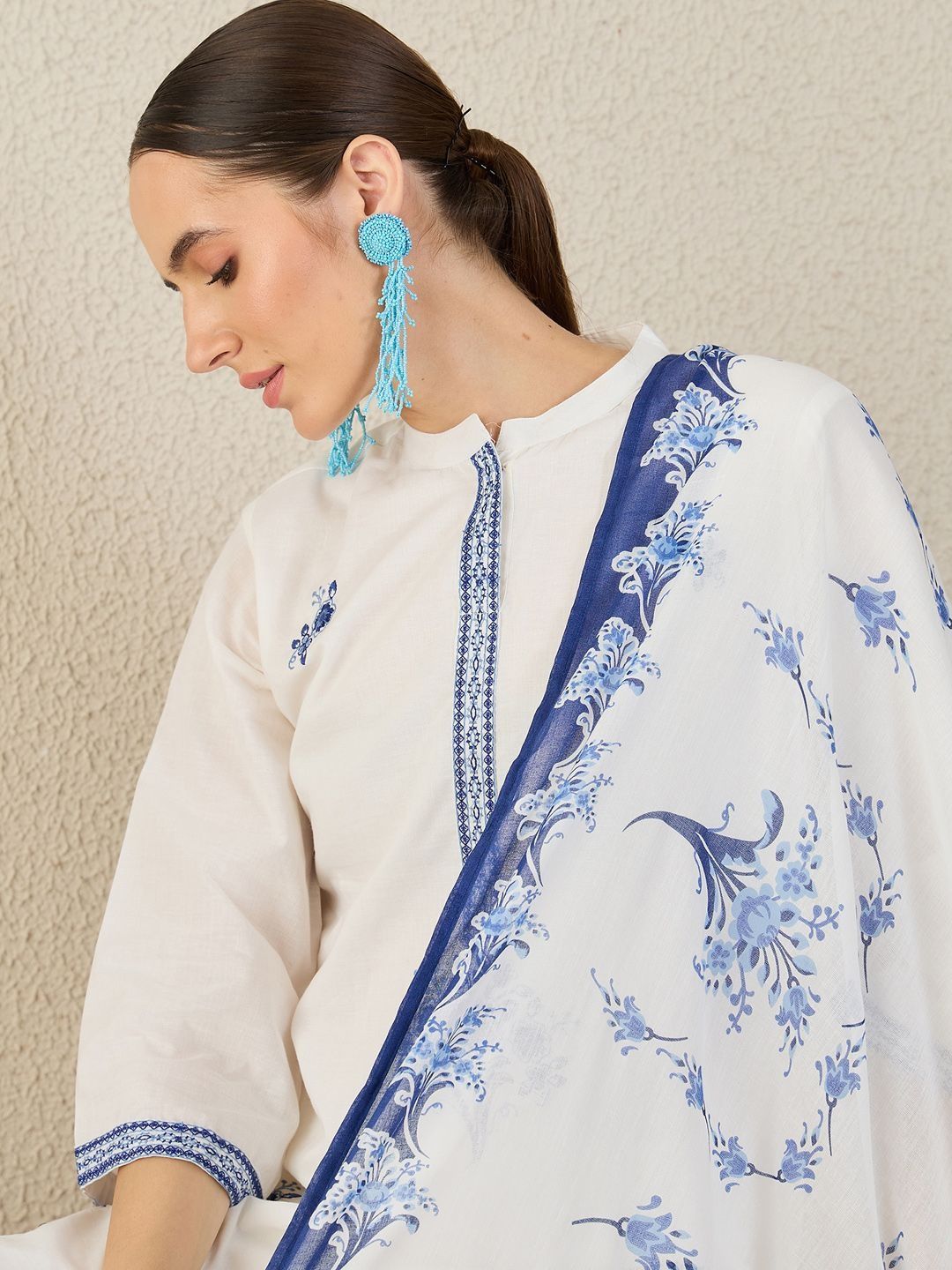 Floral Embroidered Thread Work Pure Cotton Straight Kurta & Trouser With Dupatta