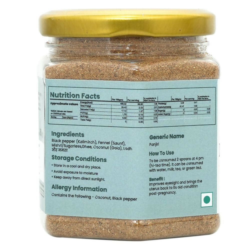 Nuskha Lodh Panjiri ready-to-cook herbal mixture in a bowl, highlighting traditional Indian health benefits and fresh ingredients.
