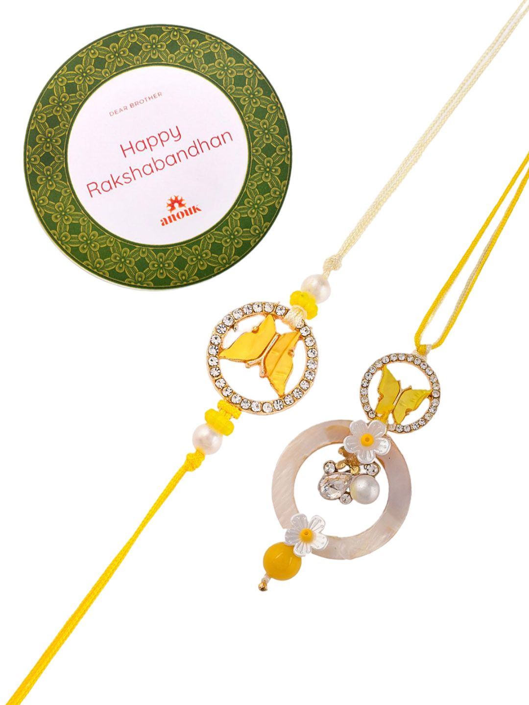 Anouk Yellow Beaded Bhaiya Bhabhi Rakhi With Roli Chawal & Greeting Card