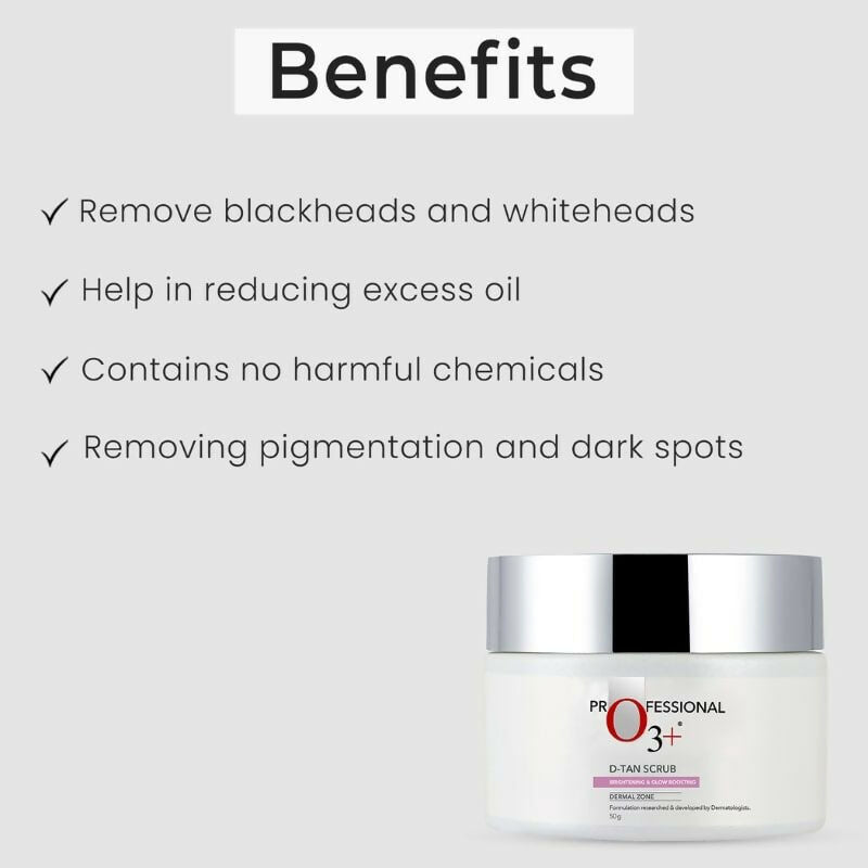Professional O3+ D-Tan scrub in a jar, showing textured exfoliating product with brightening and glow-boosting properties.