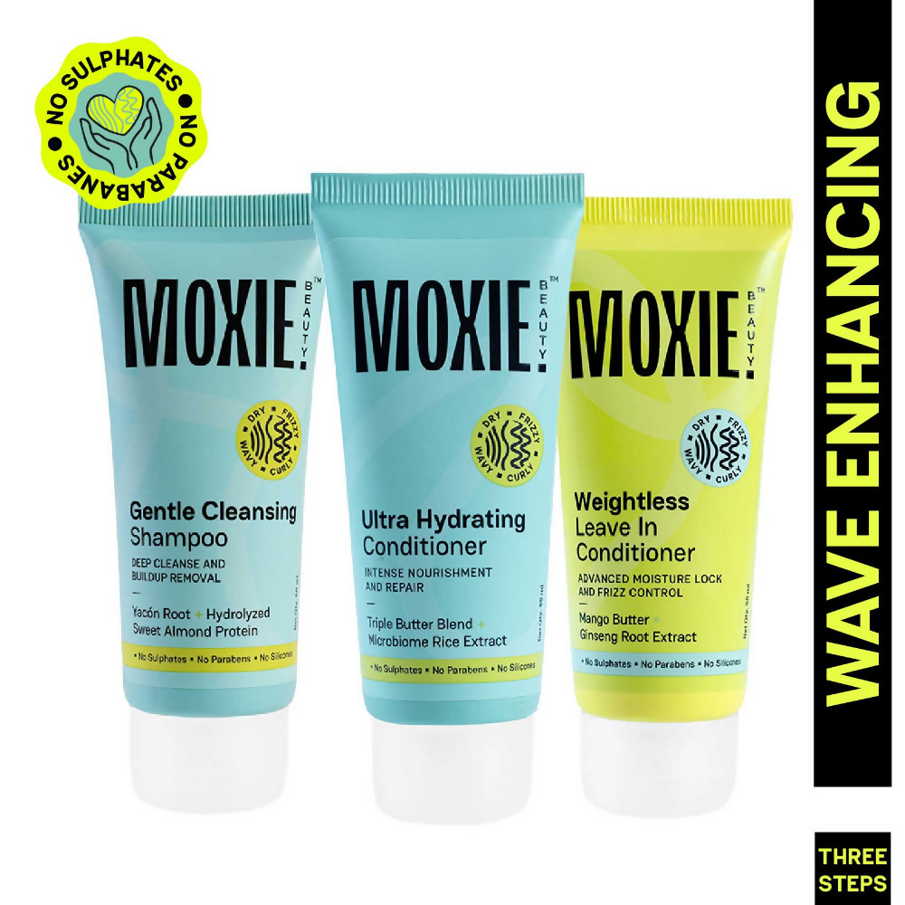 Moxie Beauty Wavy Essentials travel conditioner trio in sleek bottles for defining and maintaining wavy hair.
