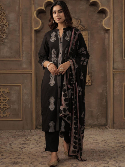 Women Ethnic Motifs Embroidered Thread Work Cotton Kurta with Trousers & Dupatta