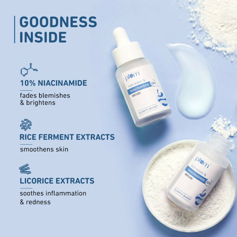 Plum 10% Niacinamide brightening serum with rice water showing the serum bottle and ingredients on a white background.