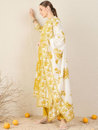 Women Floral Printed Pure Cotton Kurta with Trousers & Dupatta