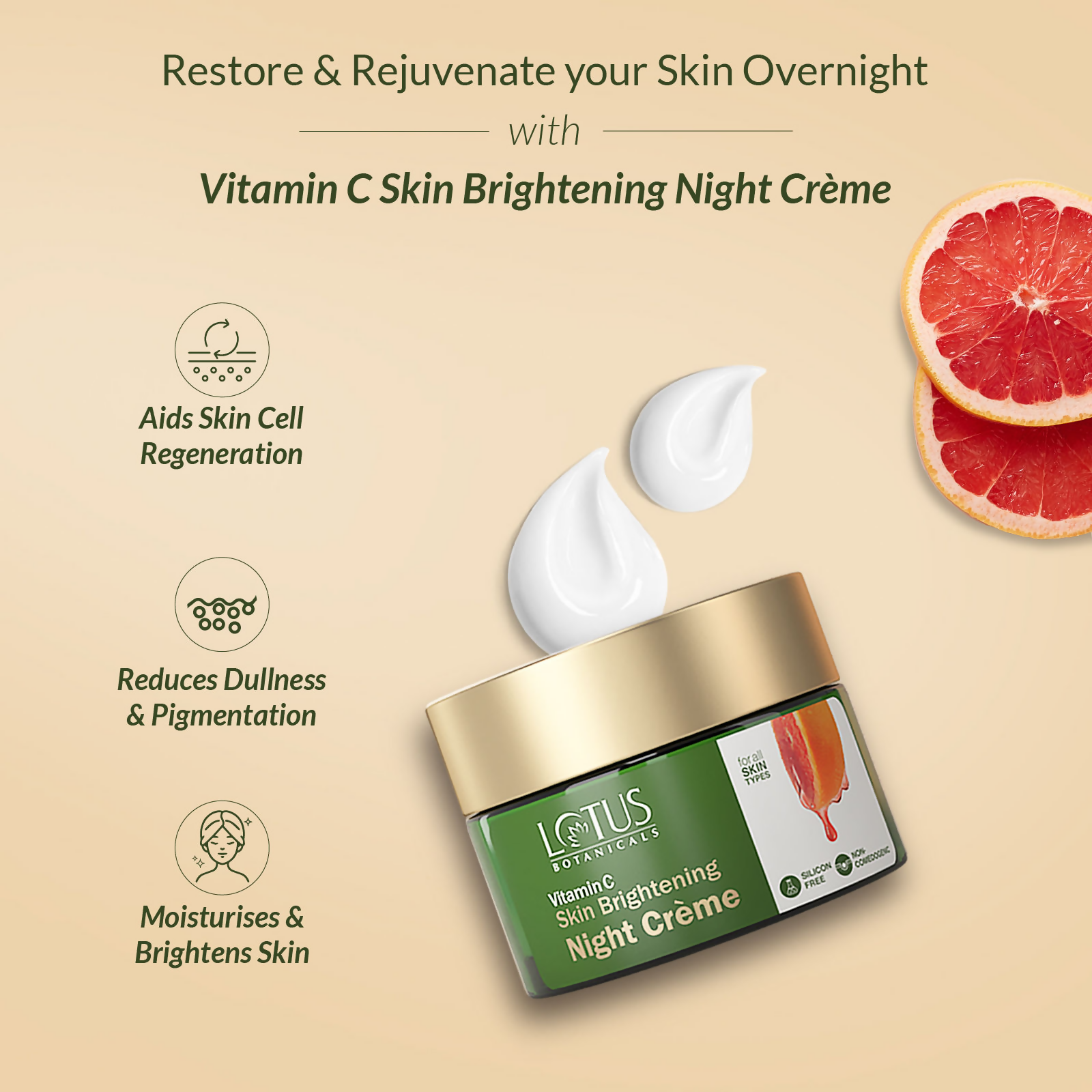 Lotus Botanicals skin brightening night cream jar with white lid and green label, creamy texture visible inside the open container.