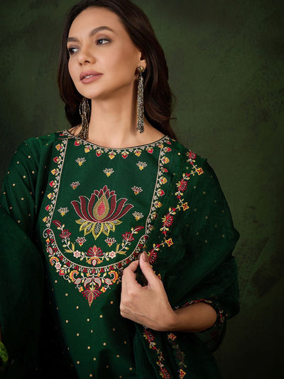 Indyancart SN Women's Floral Embroidered Zari Sequence A Line Kurta & Trouser With Dupatta