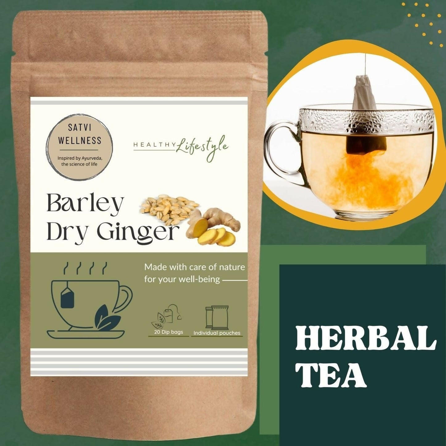 Satvi Wellness Barley Ginger Tea | Barley Seed With Ginger Herbal Tea Bags