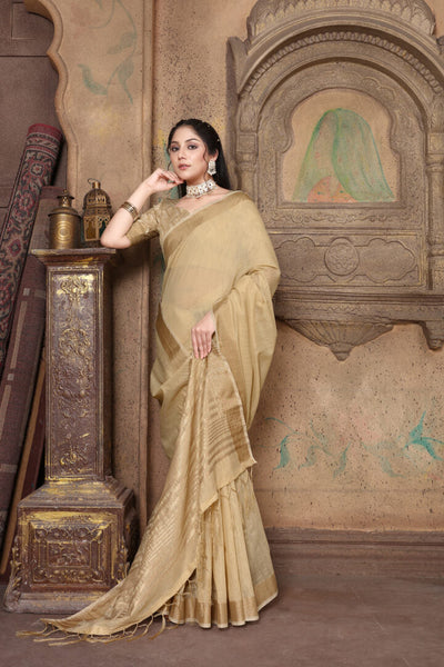 Indyancart GR Women's Canvas Hazelnut Beige Soft Linen Solid Woven Saree