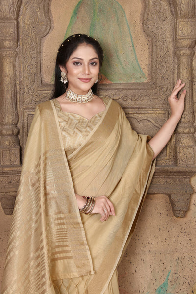 Indyancart GR Women's Canvas Hazelnut Beige Soft Linen Solid Woven Saree