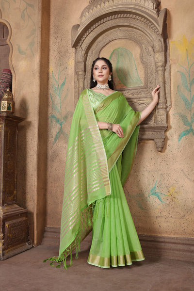 Indyancart GR Women's Canvas Grass Green Soft Linen Solid Woven Saree